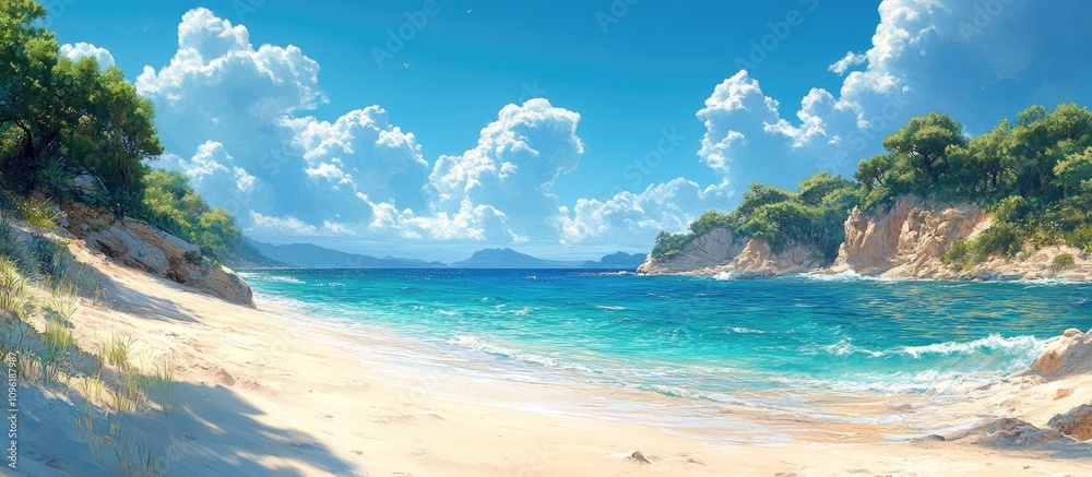 Fototapeta premium Serene secluded beach with turquoise waters and lush greenery under a bright blue sky perfect for relaxation and sunbathing