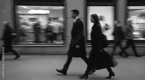 Pedestrians in downtown walking past shops, blurred image of city life and hustle