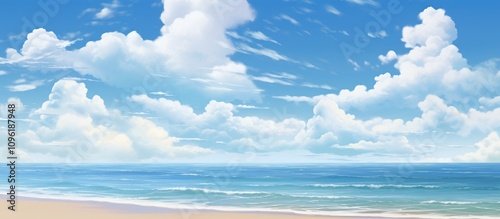 Serene beach landscape showcasing vibrant blue skies and clear weather with gentle waves lapping against the sandy shore.