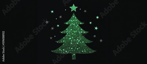 Glittering green Christmas tree icon with star on black background for festive designs and holiday celebration themes. photo