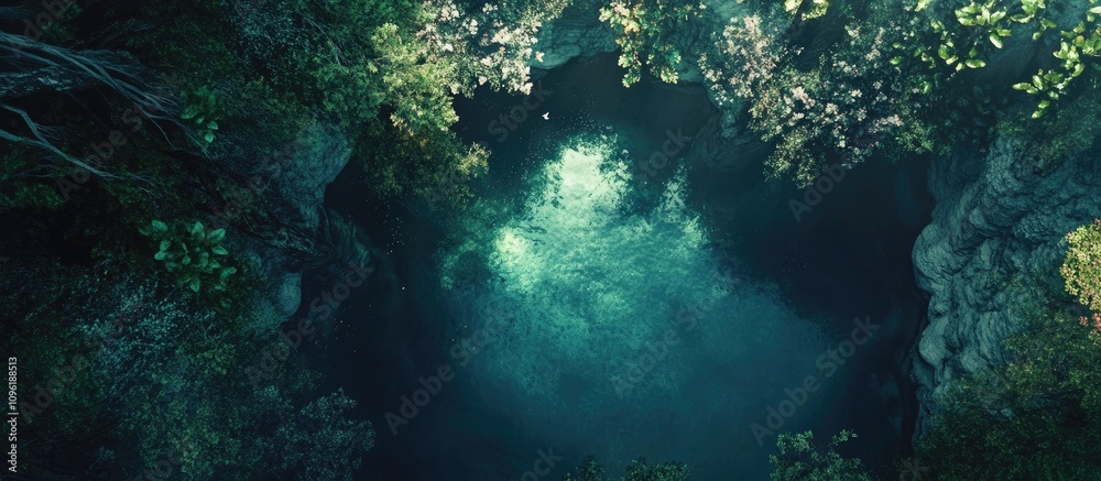 Obraz premium Aerial view of a serene cave landscape showcasing emerald waters and lush foliage reflecting nature's beauty and tranquility.