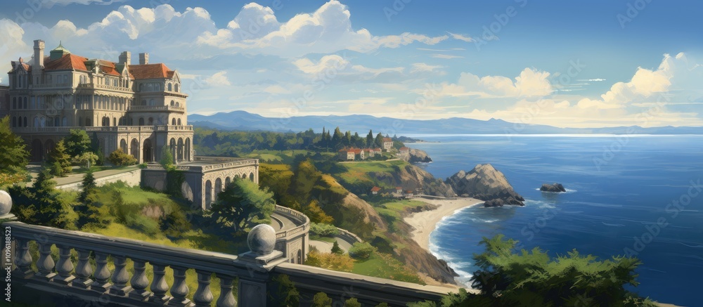 Fototapeta premium Coastal path with historic mansions showcasing stunning ocean views under a vibrant sky in a picturesque landscape setting