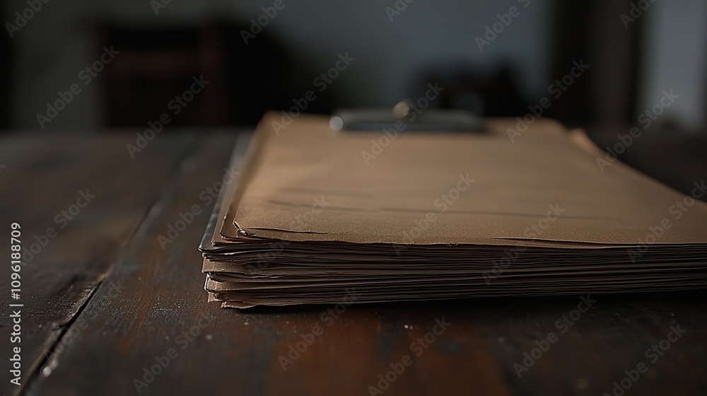 A stack of papers on a wooden table, ready for review. A stack of papers on a wooden table, ready for review.
