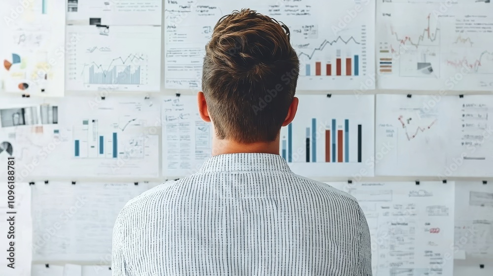 Man Analyzing Business Charts and Graphs on Wall, Observing Trends and Data Insights in Office Environment, Data Analysis Concept for Corporate Strategy Man Analyzing Business Charts and Graphs on Wall, Observing Trends and Data Insights in Office Environment, Data Analysis Concept for Corporate Strategy