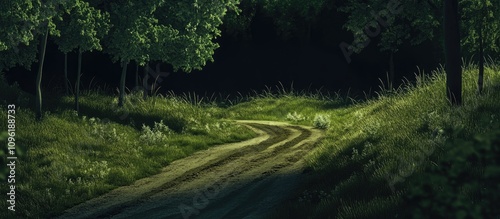 Winding dirt road surrounded by lush green grass and forest ambiance at Moon Plains evoking tranquility and natural beauty. photo