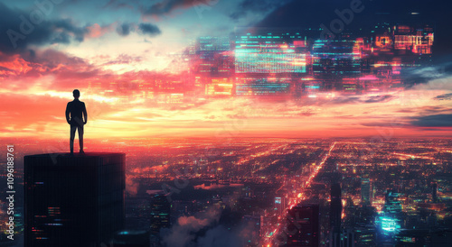 A digital art piece featuring the silhouette of an office worker standing on top, overlooking a futuristic cityscape at sunset