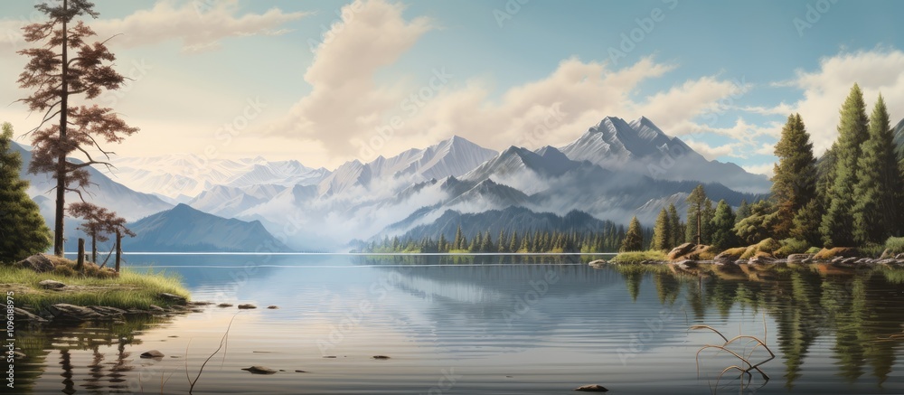 Tranquil Mountain Lake Reflections with Lush Forests and Serene Blue Skies in a Peaceful Natural Landscape Scene Tranquil Mountain Lake Reflections with Lush Forests and Serene Blue Skies in a Peaceful Natural Landscape Scene