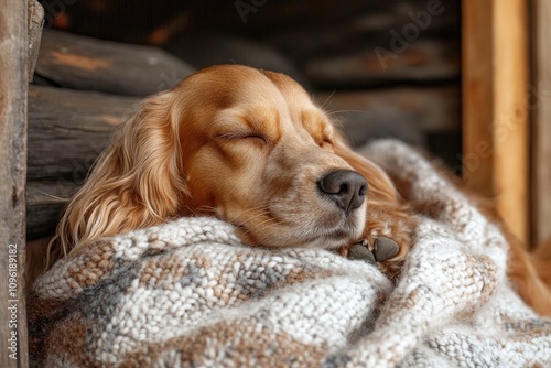 English cocker spaniel sleeping covered with blanket in wooden shed photo