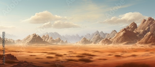 Desert Landscape with Majestic Mountains under Clear Blue Sky and Soft Clouds