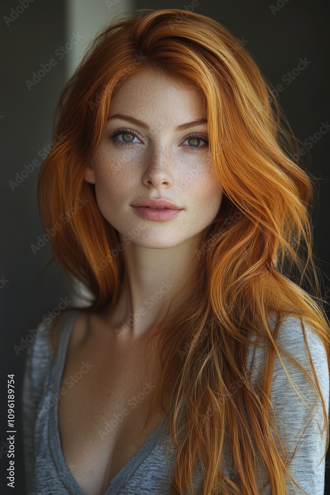Portrait of confident young woman with long red hair and freckles showing natural beauty Portrait of confident young woman with long red hair and freckles showing natural beauty