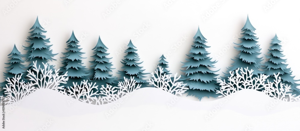 Fototapeta premium Festive paper cutout illustration of winter landscape with evergreens and snowflakes on a white background for Christmas themes