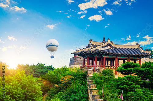 Suwon Hwaseong Fortress centuries old walls which spans for kilometers. photo