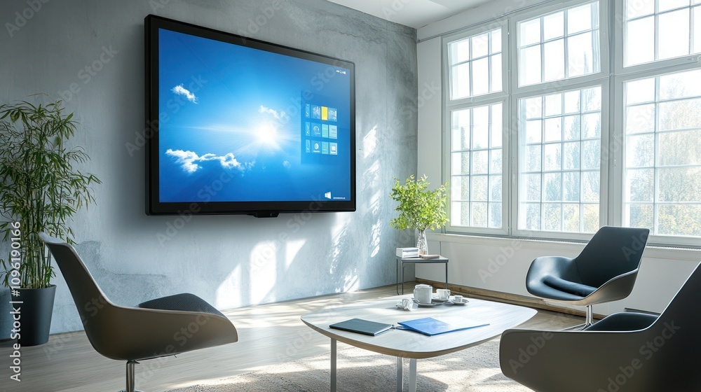 Modern office space with a large screen, minimalist furniture, and natural light.