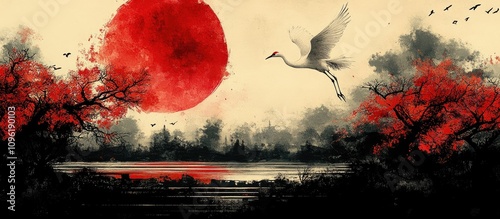 Traditional Japanese cultural celebration with a crane against a vibrant red sun and autumn scenery in a serene landscape. photo