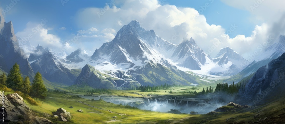 Stunning mountain landscape with majestic peaks and lush scenery under a clear blue sky. Perfect for nature and travel themes. Stunning mountain landscape with majestic peaks and lush scenery under a clear blue sky. Perfect for nature and travel themes.