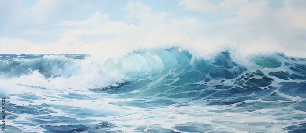 Majestic turquoise sea waves crashing gently against the shore under a serene blue sky with fluffy white clouds.