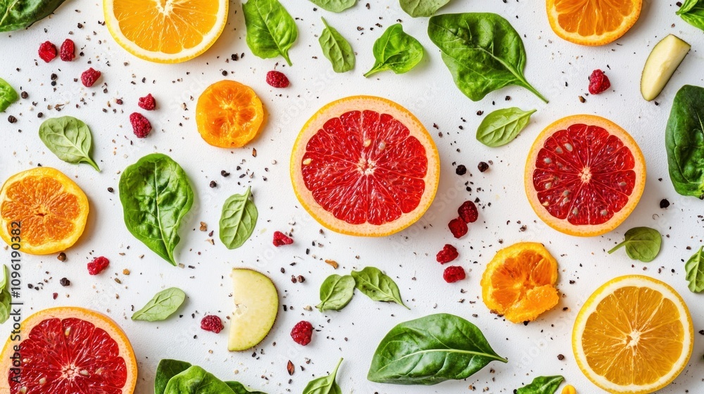 A vibrant arrangement of citrus fruits, spinach, and seeds on a white background. A vibrant arrangement of citrus fruits, spinach, and seeds on a white background.
