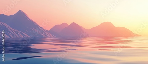 Tranquil evening seascape with serene mountains and calm water creating a peaceful atmosphere in soft pastel colors