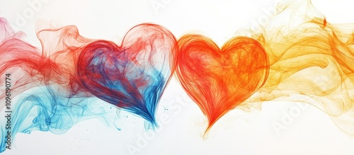 Abstract colorful smoke hearts symbolizing love and romance on a white background for Valentine's Day celebration and decorations.