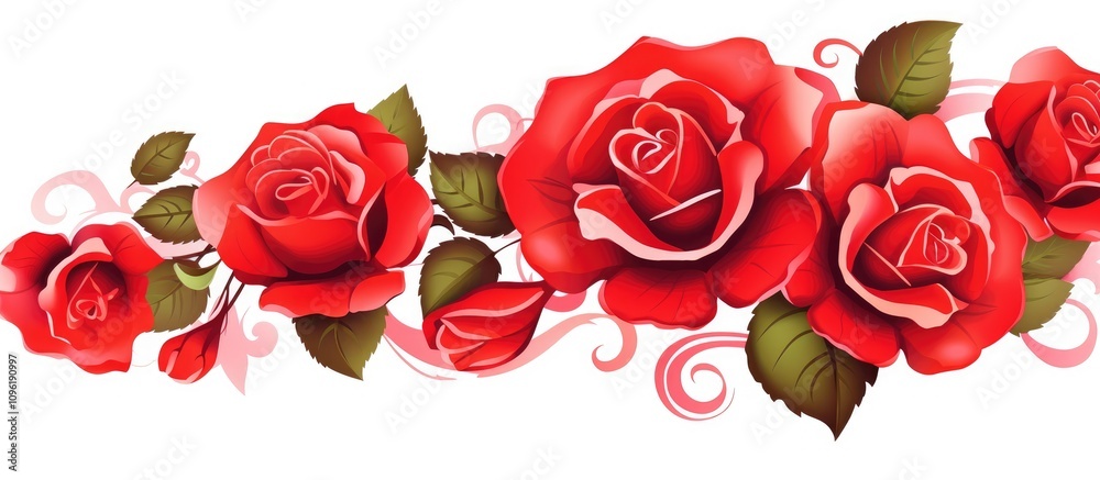Elegant composition of vibrant red roses with green leaves on a white background perfect for romantic or floral designs and invitations Elegant composition of vibrant red roses with green leaves on a white background perfect for romantic or floral designs and invitations