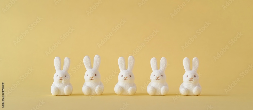 Marshmallow bunnies lined up against a soft yellow background with ample space for text and design elements Marshmallow bunnies lined up against a soft yellow background with ample space for text and design elements
