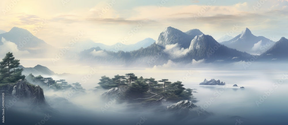 Serene morning landscape with mountains shrouded in sea mist and lush greenery creating a tranquil and picturesque atmosphere Serene morning landscape with mountains shrouded in sea mist and lush greenery creating a tranquil and picturesque atmosphere