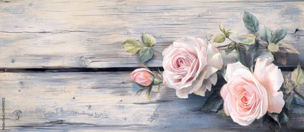 Elegant pink roses arranged on rustic wooden planks perfect for a holiday card or floral decoration background Elegant pink roses arranged on rustic wooden planks perfect for a holiday card or floral decoration background