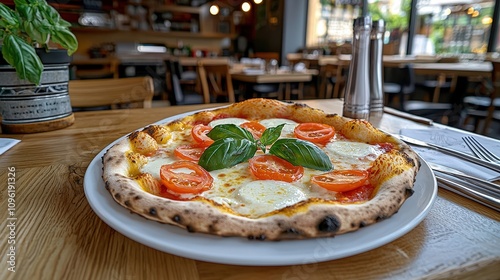 Delicious Margherita Pizza in Cozy Restaurant Setting
