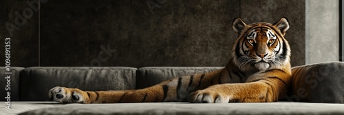 A tiger lounging on a modern sofa in a stylish interior setting. photo