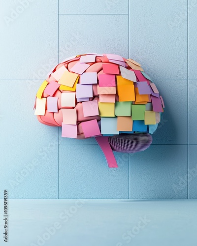 A colorful brain made of sticky notes, symbolizing ideas, creativity, and organization against a blue background.