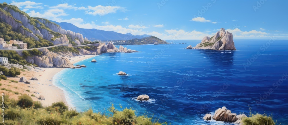 Fototapeta premium Mediterranean coastal landscape with white cliffs and vibrant countryside under a clear blue sky and serene turquoise waters