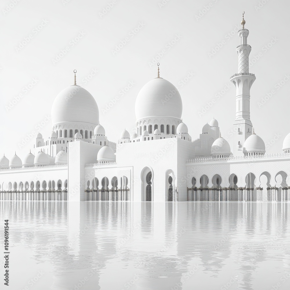 Naklejka premium A black-and-white photograph capturing the magnificence of the Sheikh Zayed Mosque in Abu Dhabi, with its stunning domes and arches, isolated on a clean white background.
