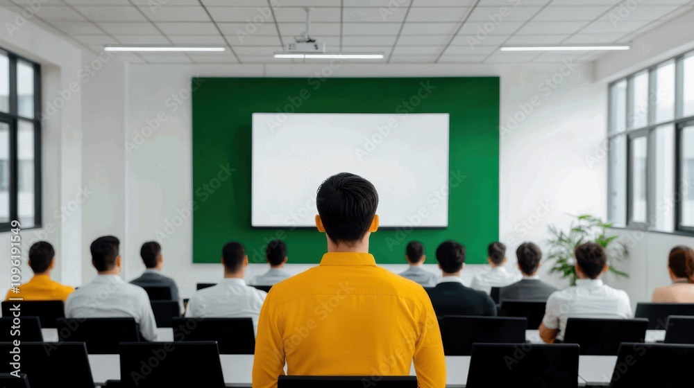 Young Man Attending a Seminar in an Auditorium with Green Chalkboard and Presentation Screen, Engaged in Learning and Knowledge Acquisition