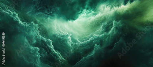 Emerald Green Ocean Waves with Dramatic Cloud Formation and Turbulent Water Texture