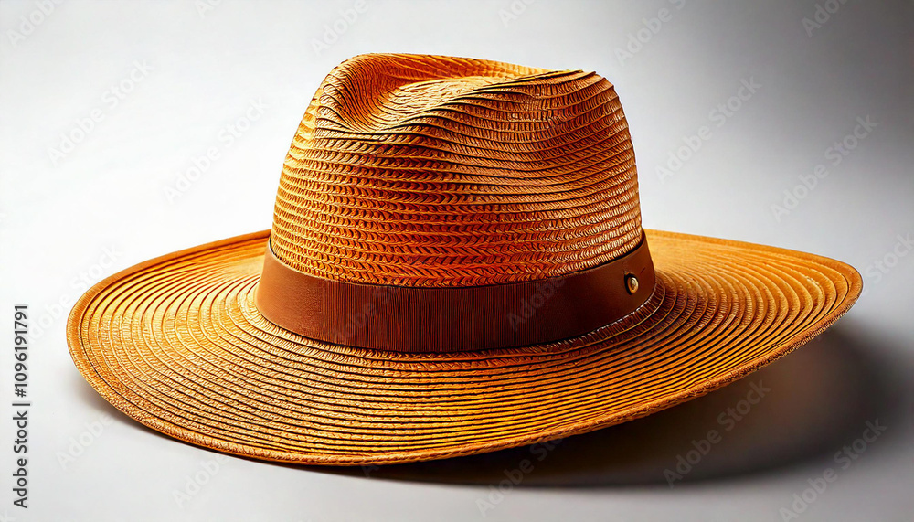 A stylish, wide-brimmed orange straw hat with a brown band, perfect for sunny days and outdoor activities. A stylish, wide-brimmed orange straw hat with a brown band, perfect for sunny days and outdoor activities.