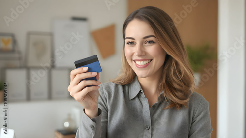 closeup Portrait of beautiful young woman holding credit card while sitting with laptop at home