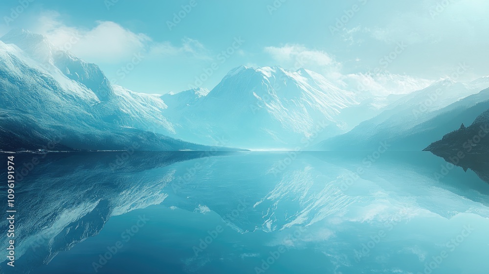 Serene lake reflecting a bright blue sky surrounded by majestic snow-capped mountains in a tranquil landscape. Serene lake reflecting a bright blue sky surrounded by majestic snow-capped mountains in a tranquil landscape.