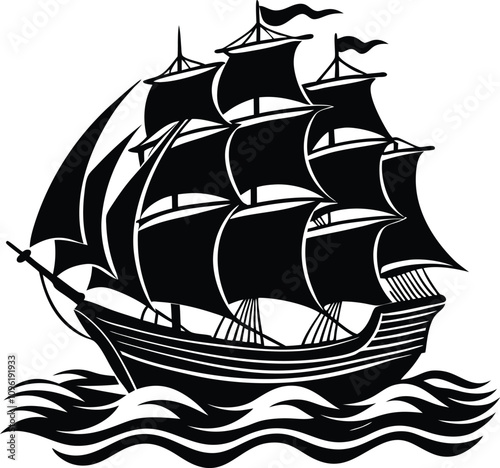Sailing ship silhouette illustration on white background.
