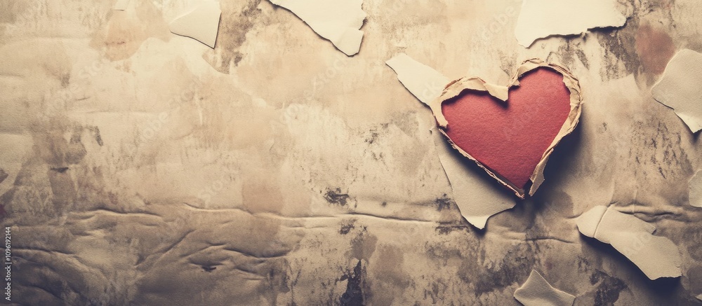 Torn paper heart on textured grunge background symbolizing love and nostalgia in a vintage style romantic composition Torn paper heart on textured grunge background symbolizing love and nostalgia in a vintage style romantic composition