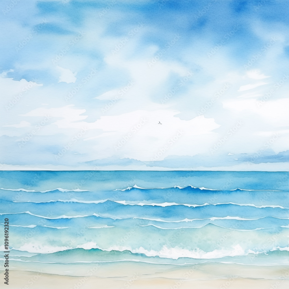 Vivid watercolor seascape features bright blue waves, serene skies, soft clouds, and a peaceful sandy shoreline. Vivid watercolor seascape features bright blue waves, serene skies, soft clouds, and a peaceful sandy shoreline.