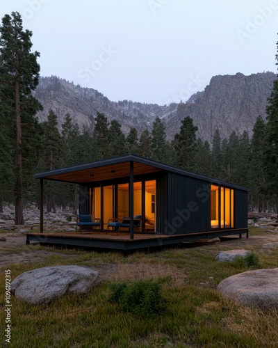 Modern cabin in mountain landscape at dusk.