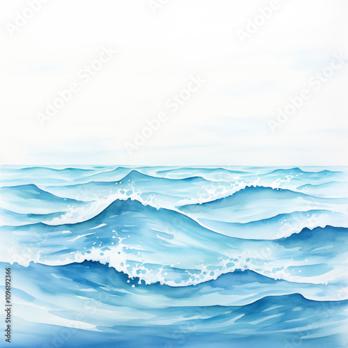 Dynamic watercolor seascape features rolling blue waves, ocean spray, serene skies, and a vibrant, tranquil marine atmosphere.