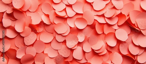 Living coral paper confetti scattered on a textured backdrop for creative flatlay design and decoration ideas