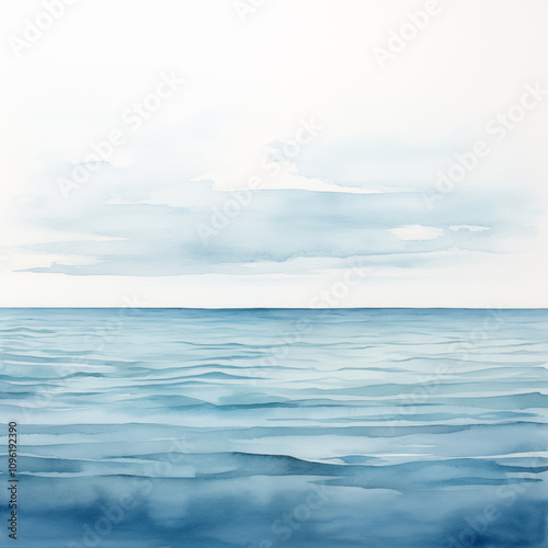 Minimalist watercolor seascape highlights calm blue waves, serene skies, soft clouds, and a tranquil ocean atmosphere.