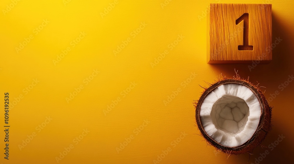 Wooden block calendar showing the number one with a fresh coconut half and sea salt on a bright yellow background representing a summer vibe. Wooden block calendar showing the number one with a fresh coconut half and sea salt on a bright yellow background representing a summer vibe.