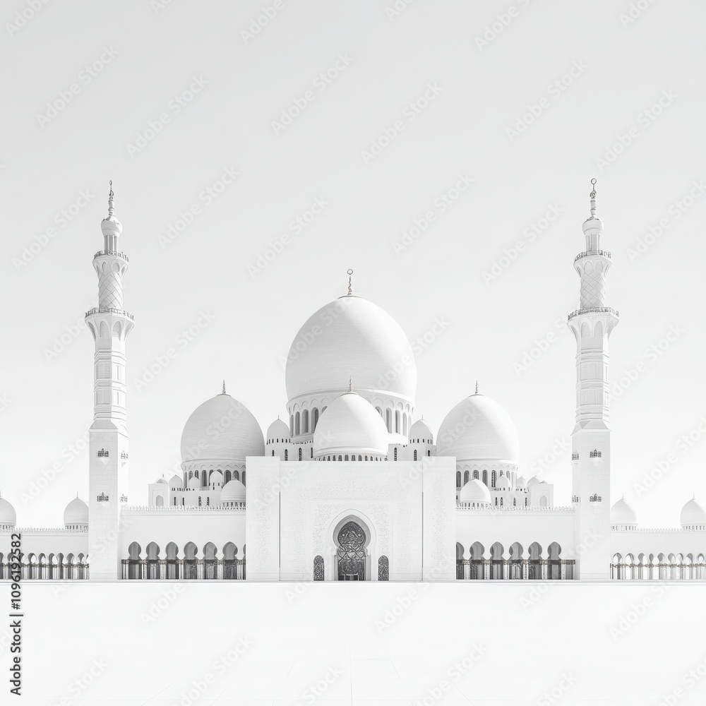 Fototapeta premium A minimalist black-and-white photograph of the Sheikh Zayed Mosque in Abu Dhabi, emphasizing the intricate architecture and majestic domes. 