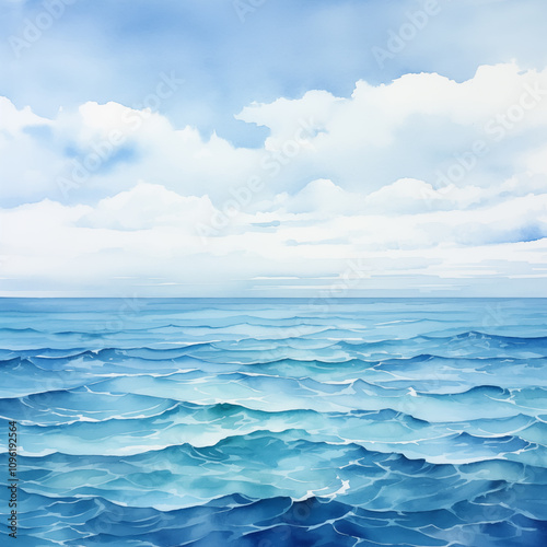 Vibrant watercolor seascape depicts dynamic blue waves, serene skies, soft white clouds, and a peaceful ocean atmosphere.