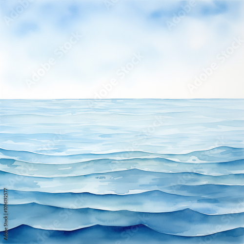 Peaceful watercolor seascape highlights soft blue waves, serene skies, gentle hues, and a calm, minimalist ocean view.