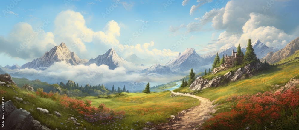 Serene mountain landscape with meandering paths vibrant greenery and dramatic cloudy sky capturing the beauty of nature's tranquility Serene mountain landscape with meandering paths vibrant greenery and dramatic cloudy sky capturing the beauty of nature's tranquility