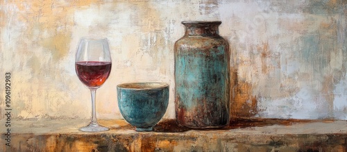 Rustic still life composition featuring a glass of red wine, a weathered pottery jug, and an artistic bowl against a textured background. photo